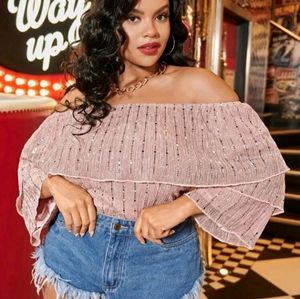 Off shoulder Sequin Pink Crop Top 4x
